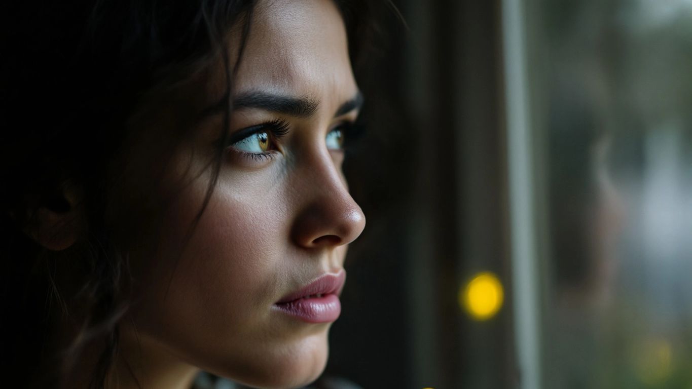 Pessoa pensativa olhando pela janela, expressão de ciúme.